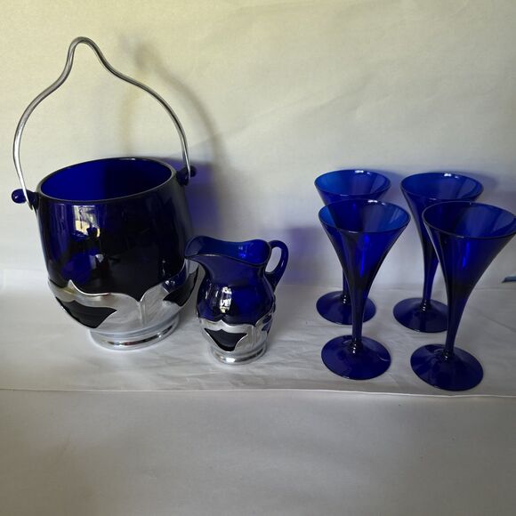 Lot Vintage Farber Bros Cobalt Blue Glass Ice Bucket, Creamer Art Deco 4 Glasses - Picture 6 of 16